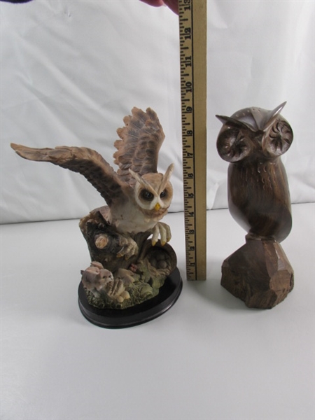 CARVED IRONWOOD & RESIN OWL STATUES