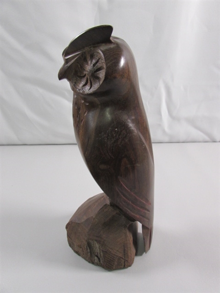 CARVED IRONWOOD & RESIN OWL STATUES