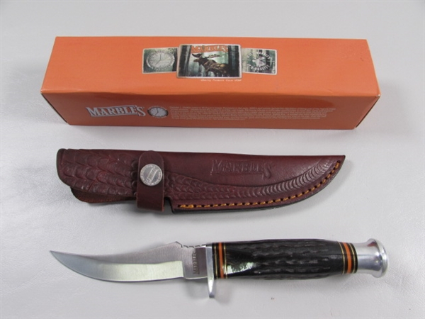 NEW - MARBLES HORN HANDLE KNIFE W/TOOLED LEATHER SHEATH