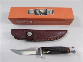 NEW - MARBLES HORN HANDLE KNIFE W/TOOLED LEATHER SHEATH