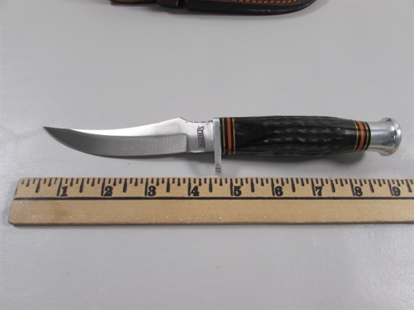 NEW - MARBLES HORN HANDLE KNIFE W/TOOLED LEATHER SHEATH