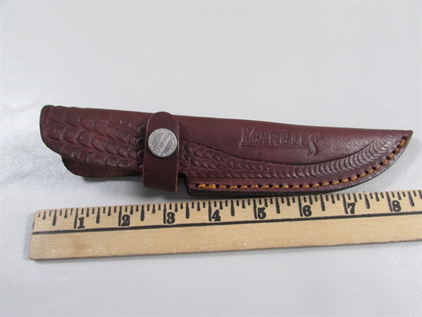 NEW - MARBLES HORN HANDLE KNIFE W/TOOLED LEATHER SHEATH