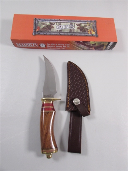 NEW - MARBLES WOOD/BRASS HANDLE KNIFE W/TOOLED LEATHER SHEATH