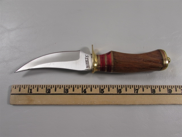 NEW - MARBLES WOOD/BRASS HANDLE KNIFE W/TOOLED LEATHER SHEATH