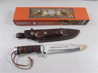 NEW - MARBLES STACKED LEATHER HANDLE HUNTER BOWIE KNIFE W/LEATHER SHEATH