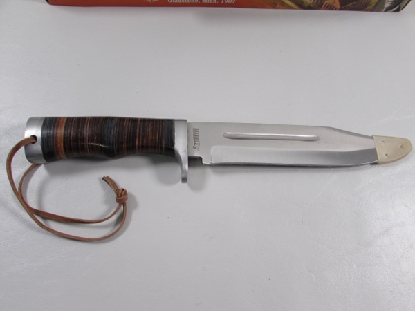 NEW - MARBLES STACKED LEATHER HANDLE HUNTER BOWIE KNIFE W/LEATHER SHEATH