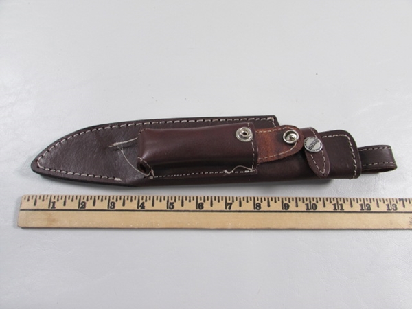 NEW - MARBLES STACKED LEATHER HANDLE HUNTER BOWIE KNIFE W/LEATHER SHEATH