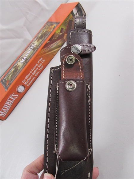 NEW - MARBLES STACKED LEATHER HANDLE HUNTER BOWIE KNIFE W/LEATHER SHEATH