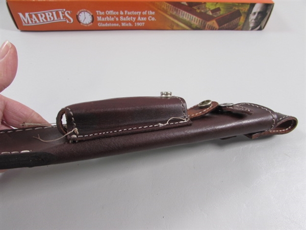 NEW - MARBLES STACKED LEATHER HANDLE HUNTER BOWIE KNIFE W/LEATHER SHEATH