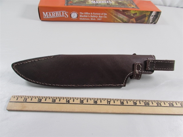 NEW - MARBLES STACKED LEATHER HANDLE HUNTER BOWIE KNIFE W/LEATHER SHEATH