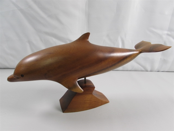 MYRTLEWOOD CARVED DOLPHIN ON PIN STAND