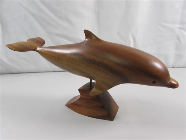 MYRTLEWOOD CARVED DOLPHIN ON PIN STAND