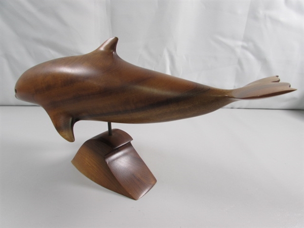 MYRTLEWOOD CARVED DOLPHIN ON PIN STAND