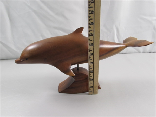 MYRTLEWOOD CARVED DOLPHIN ON PIN STAND