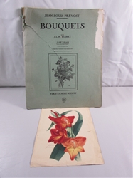 2 VINTAGE/ANTIQUE JEAN LOUIS PREVOST BOUQUET PRINTS IN PORTFOLIO & GLADIOLUS PRINT