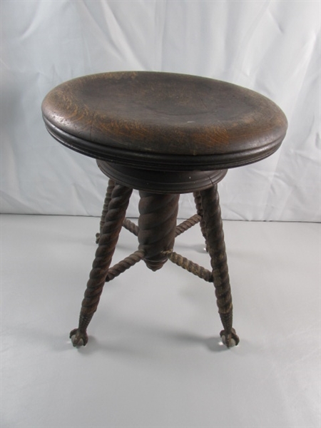 ANTIQUE OAK ADJUSTABLE PIANO STOOL W/GLASS & METAL CLAW FEET - NEEDS REPAIR