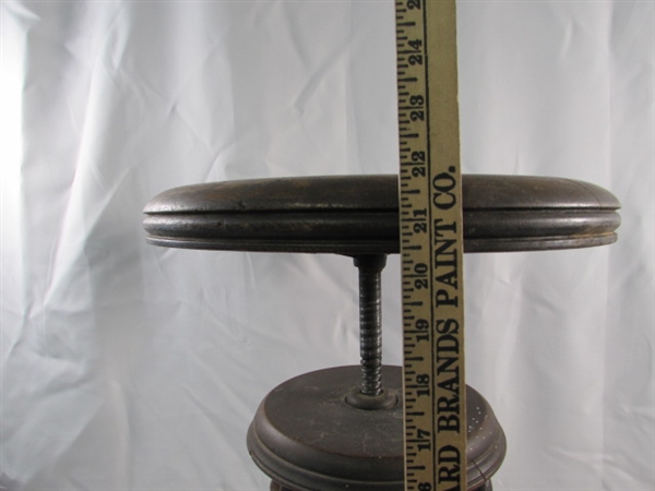 ANTIQUE OAK ADJUSTABLE PIANO STOOL W/GLASS & METAL CLAW FEET - NEEDS REPAIR