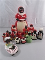 VINTAGE AUNT JEMIMA & UNCLE MOSE COOKIE JAR, SALT & PEPPER SHAKERS, SYRUP DISPENSER & MORE