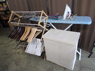 IRON, IRONING BOARD, HANGERS, DRYING RACK & CLOTHES HAMPER