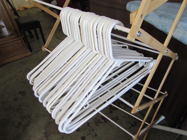 IRON, IRONING BOARD, HANGERS, DRYING RACK & CLOTHES HAMPER