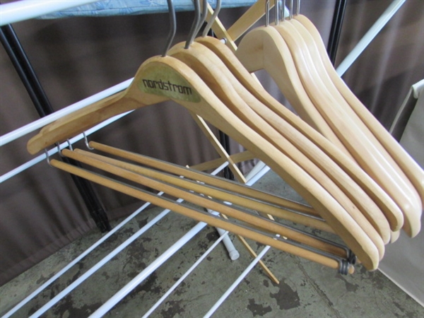 IRON, IRONING BOARD, HANGERS, DRYING RACK & CLOTHES HAMPER