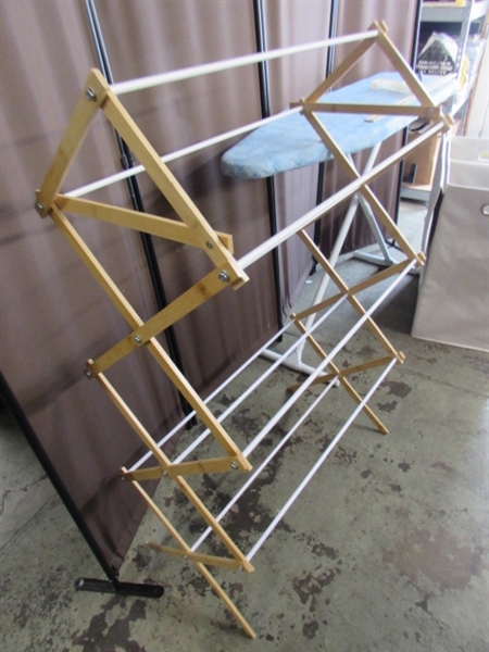 IRON, IRONING BOARD, HANGERS, DRYING RACK & CLOTHES HAMPER