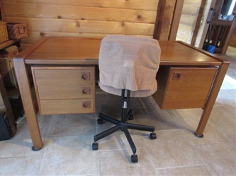 TEAK OFFICE DESK W/DOVETAILED DRAWERS & OFFICE CHAIR