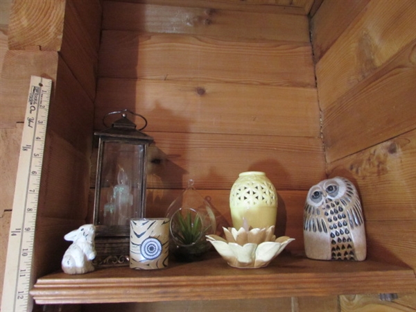 CARVED STONE OWL, CANDLES, BASKETS, DECOR