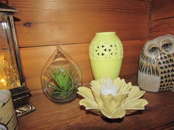 CARVED STONE OWL, CANDLES, BASKETS, DECOR