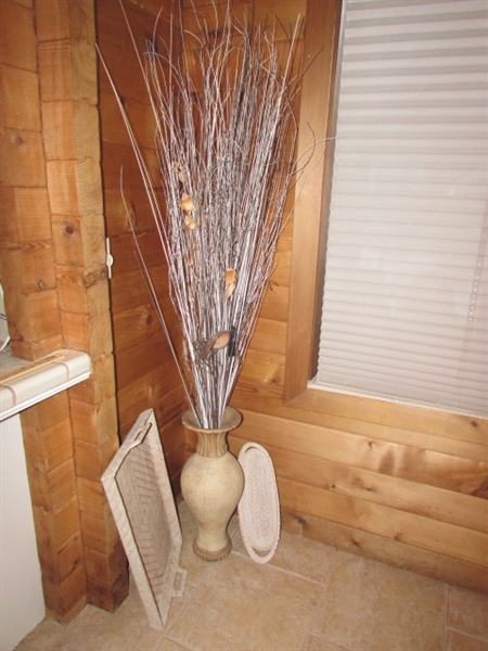 FLOOR VASE W/BRANCHES & 2 WICKER BASKETS