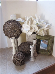 DECOR - GRAPEVINE ORBS, CANDLESTICKS, FRAMED MIRROR & FAUX MAGNOLIAS