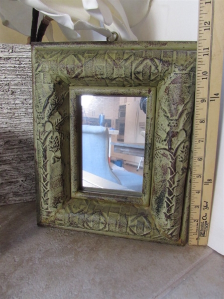 DECOR - GRAPEVINE ORBS, CANDLESTICKS, FRAMED MIRROR & FAUX MAGNOLIAS