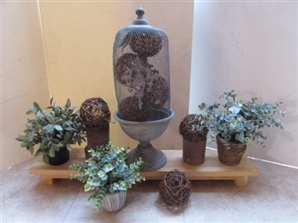 DECOR - WIRE MESH VESSEL, FAUX GREENERY, WOOD RISER, GRAPEVINE ORBS