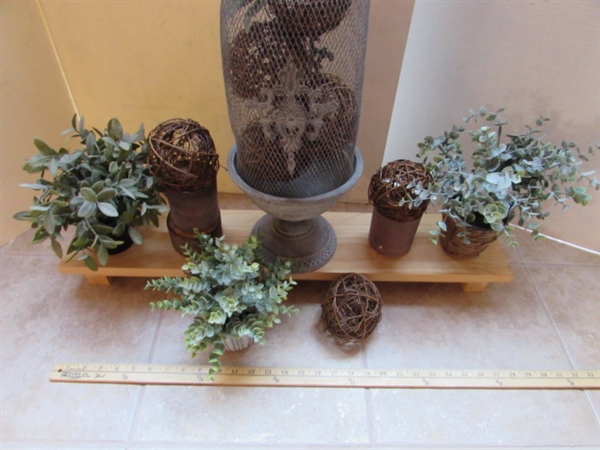 DECOR - WIRE MESH VESSEL, FAUX GREENERY, WOOD RISER, GRAPEVINE ORBS