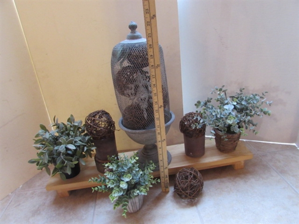 DECOR - WIRE MESH VESSEL, FAUX GREENERY, WOOD RISER, GRAPEVINE ORBS