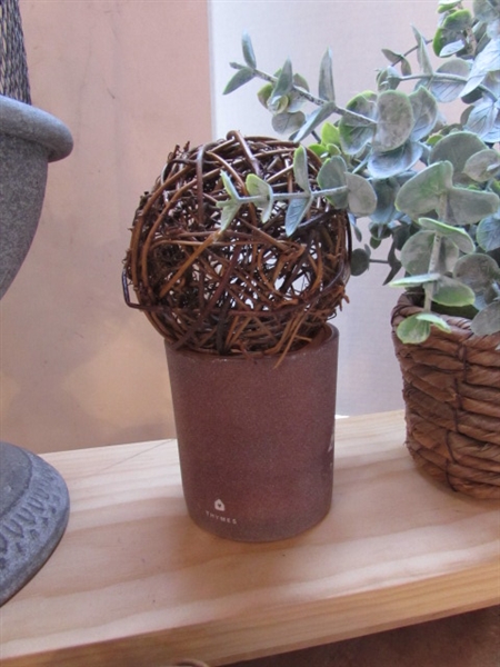 DECOR - WIRE MESH VESSEL, FAUX GREENERY, WOOD RISER, GRAPEVINE ORBS