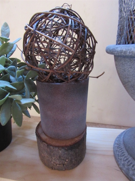 DECOR - WIRE MESH VESSEL, FAUX GREENERY, WOOD RISER, GRAPEVINE ORBS