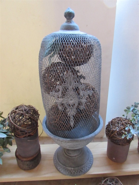 DECOR - WIRE MESH VESSEL, FAUX GREENERY, WOOD RISER, GRAPEVINE ORBS