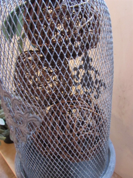 DECOR - WIRE MESH VESSEL, FAUX GREENERY, WOOD RISER, GRAPEVINE ORBS