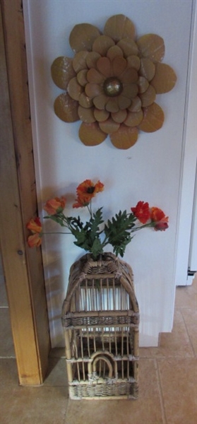 RATTAN BIRDCAGE W/FAUX ORIENTAL POPPIES & METAL FLOWER