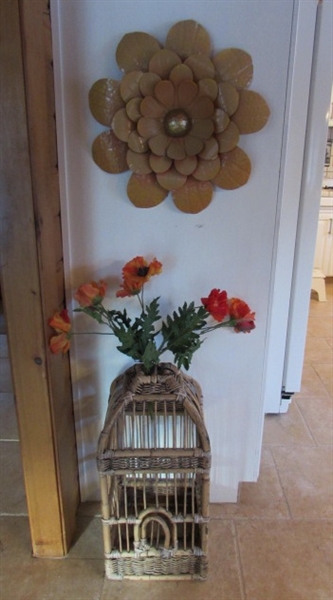 RATTAN BIRDCAGE W/FAUX ORIENTAL POPPIES & METAL FLOWER