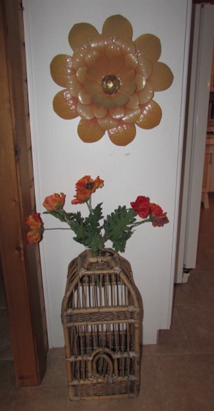 RATTAN BIRDCAGE W/FAUX ORIENTAL POPPIES & METAL FLOWER