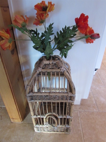 RATTAN BIRDCAGE W/FAUX ORIENTAL POPPIES & METAL FLOWER