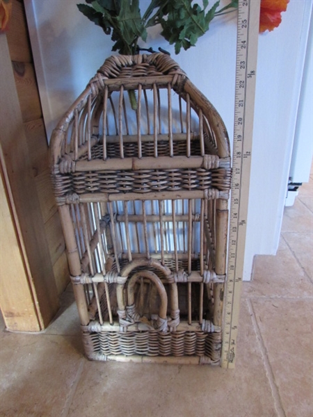 RATTAN BIRDCAGE W/FAUX ORIENTAL POPPIES & METAL FLOWER