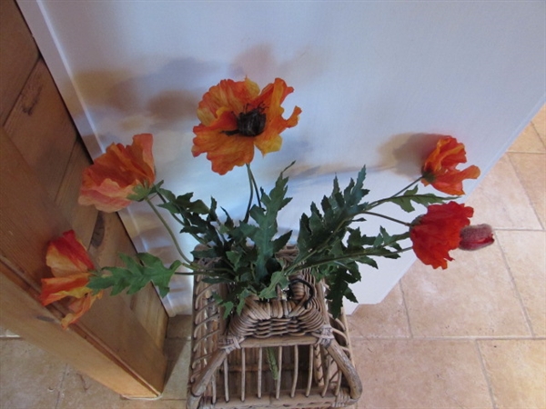 RATTAN BIRDCAGE W/FAUX ORIENTAL POPPIES & METAL FLOWER