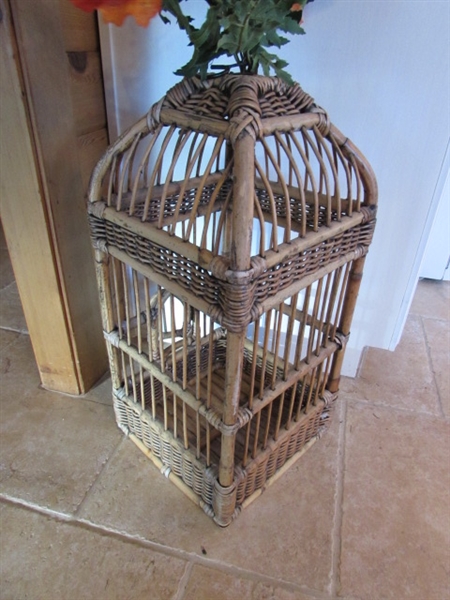 RATTAN BIRDCAGE W/FAUX ORIENTAL POPPIES & METAL FLOWER