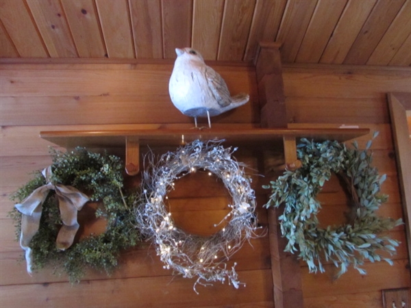 3 FAUX GREENERY WREATHS & LARGE BIRD STATUE