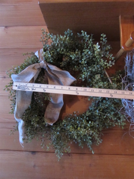 3 FAUX GREENERY WREATHS & LARGE BIRD STATUE