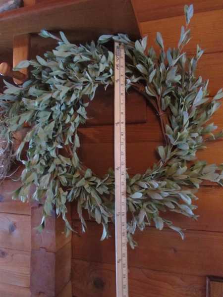 3 FAUX GREENERY WREATHS & LARGE BIRD STATUE