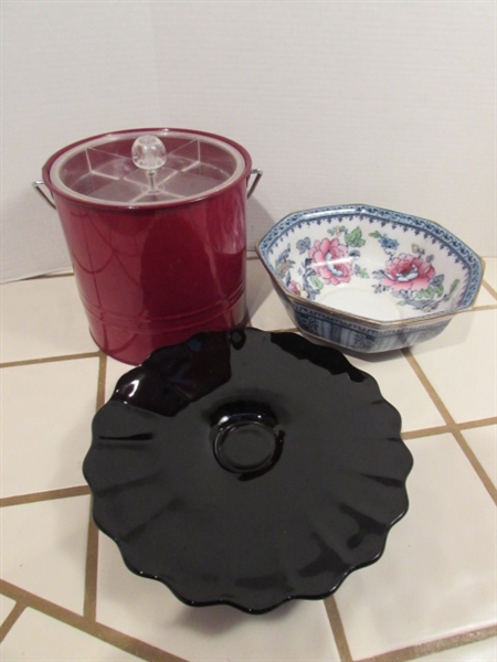 VINTAGE SHANGHAI SERVING BOWL, BLACK PEDASTAL PLATE & ICE BUCKET